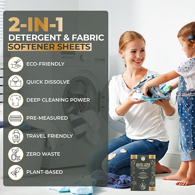 Natural Laundry Detergent & Fabric Softener Sheets | Up to 100 Loads Eco-Friendly|Fragrance-Free & Hypoallergenic | Aloe Vera & Pure Tea Tree Oil | Plant-Based, Biodegradable, Enzyme Powered,Baby-Safe