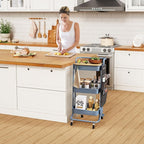 DTK 3 Tier Metal Utility Rolling Cart with Table Top and Side Bags, Metal Tray Storage Organizer Cart with Wheels, Art Craft Cart with 4 Hooks for Kitchen Bathroom Office Living Room (Blue)