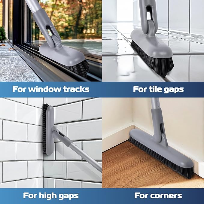 DSV Standard Grout Scrub Brush with Long Handle, 50'' Tile Grout Scrubber, V-Shape Crevice Cleaning Brush for Hard to Reach Areas, 180° Rotation Grout Cleaner for Tile Floors, Baseboards and Corners