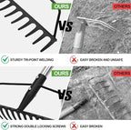 Garden Rake, Metal Sturdy and Heavy Duty Metal Rake, 16-Tine Bow Rake with Adjustable Stainless Steel Handle, Long Shaft for Loosening Soil, Leveling Mulch, Gathering Leaves