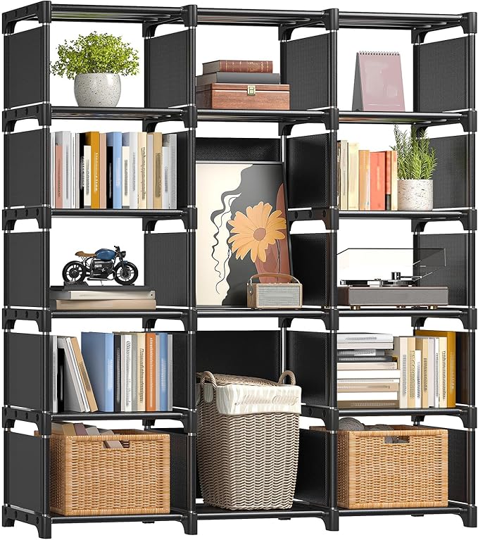 REIBII Book Shelf, 13 Cube Storage Organizer, DIY Tall Bookcase for Bedroom, Office, Living Room, 12" D x 47.24" W x 59.05" H, Black