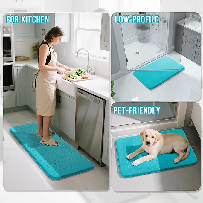 Yimobra Memory Foam Bath Mat, Super Soft Absorbent Bathroom Rug Non Slip 24x17 Inch, Quick Dry, Machine Washable Floor Carpet for Tub Shower, Home Decor Accessories, Lake Blue