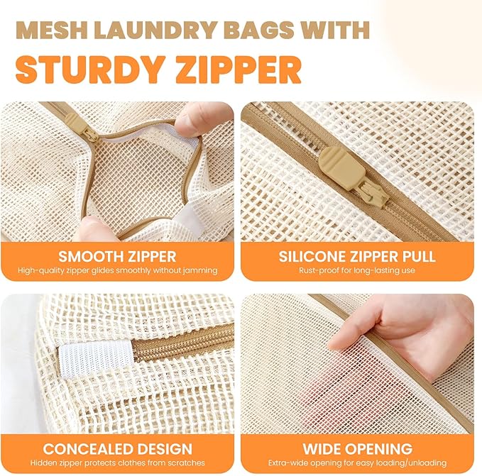 4Pcs Large Cotton Mesh Laundry Bags for Delicates,Breathable Mesh Garment Bag for Washing Machine,Travel Wash Bags with Zipper for Bras,Underwear,Socks,Clothes,Laundry Dorm Room Essentials(L)