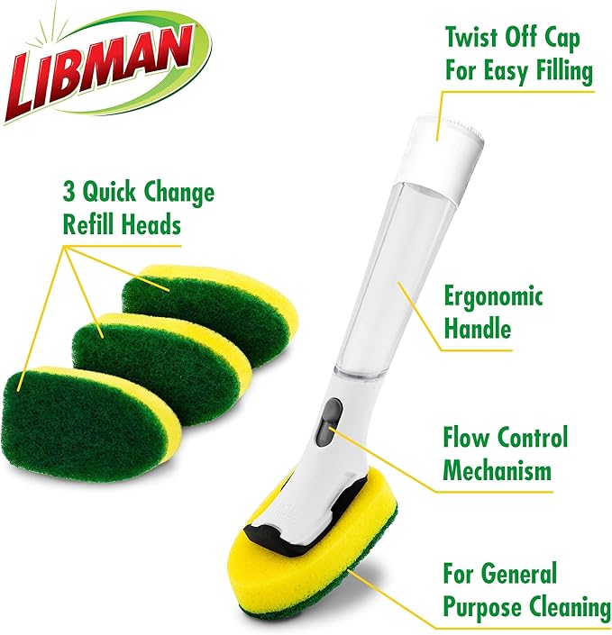 Libman Dishmatic I-Stand Dish Wand Kit, Kitchen Cleaning Scrub Brush with Handle and Soap Dispenser for Scrubbing and Washing Dishes, Refillable Standing Dispensing Scrubber Brushes, 3 Sponge Refills