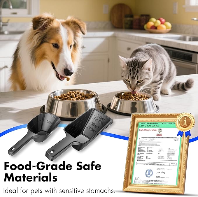 Food Scoop 2 PACK,2 Cup Capacity Dog Food Scoop With Measuring Lines For Dog, Puppy and Cat Coffee Bean Flour Scoop (Small & Large Black)