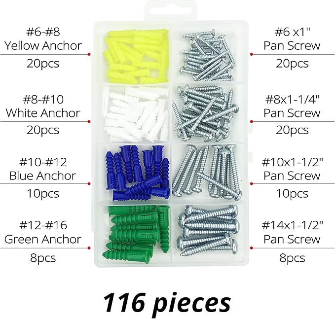 HASWARE Plastic Drywall Wall Anchors Screw Assortment Kit 116PCS-Includes 4 Different Size Anchors and Screws,Wall Plug Bolts Expansion Bolt for Wallboard Concrete Pciture Hanging