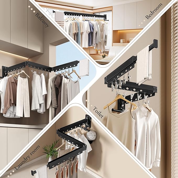 Wall Mounted Collapsible Clothes Drying Rack, Durable Space-Saving Laundry Drying Rack Clothing Hanger, Upgraded with Clips and Windproof Holes