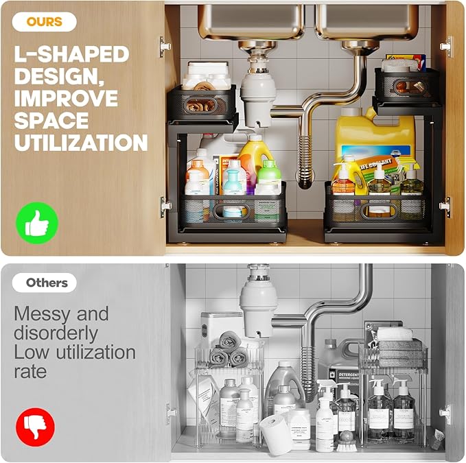 1-Pack Under Sink Storage Organizer with 2-Tier Slide Out Drawer, Sophisticated Mesh Pull Out Shelf for Kitchen & Bathroom, Fits Small Items, Upgraded Arched Track for Smooth Gliding-Black