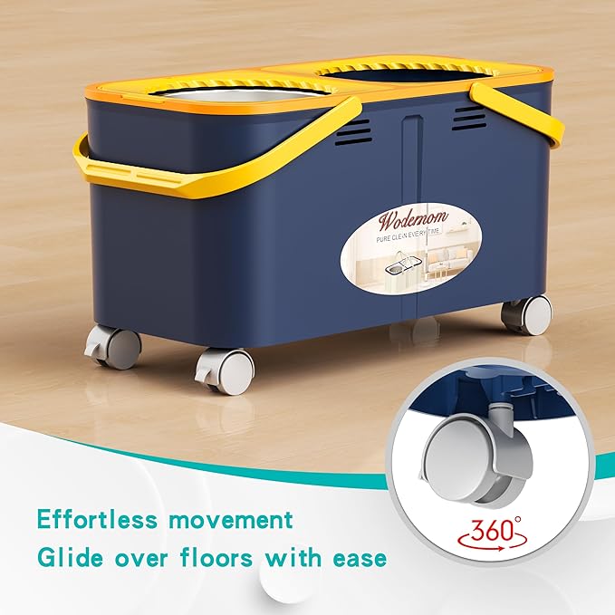 Compact Spin Mop and Bucket with Clean & Dirty Water System, Floor Mop with 360° Swivel Wheels, 61" Handle, 1 Reusable Mop Heads for for Wood, Tile, Vinyl, Baseboards- Blue/Yellow