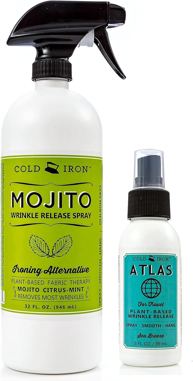 Cold Iron Wrinkle Release Spray for Clothes. 32 fl oz. Citrus Mint & Atlas Travel Size 3 fl oz Sea Breeze. Fast, Easy to Use Ironing Alternative. Spray, Smooth, Hang. Award Winning