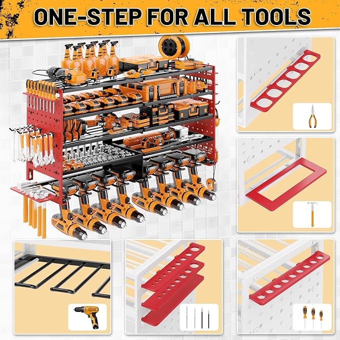 5 Layers Power Tool Organizer Wall Mount, Metal Cordless Tool Hanger Storage Rack Holder with 8 Drill Holders, Heavy Duty Garage Wall Tool Shelf for Workshop Tool Room Shed Pegboard Red