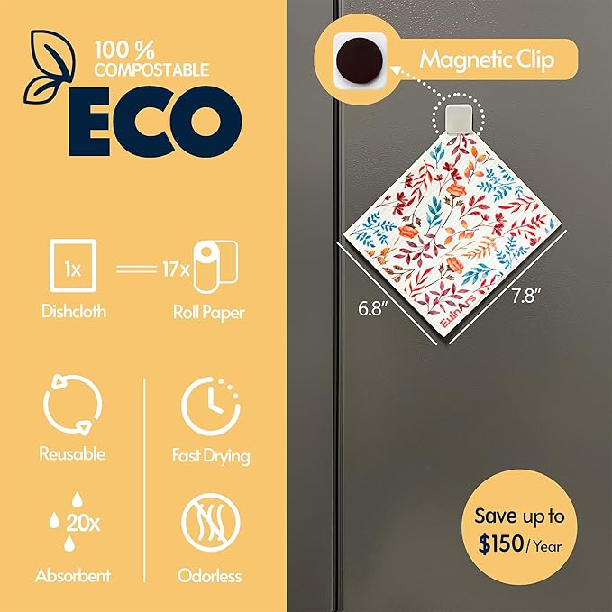 Swedish Dishcloths for Kitchen, 8 Pack Watercolor Reusable Paper Towels with Clips, Non-Scratch Swedish Kitchen Towels, Super Absorbent Cellulose Sponge Cloths, Dishwasher Safe, No Odor