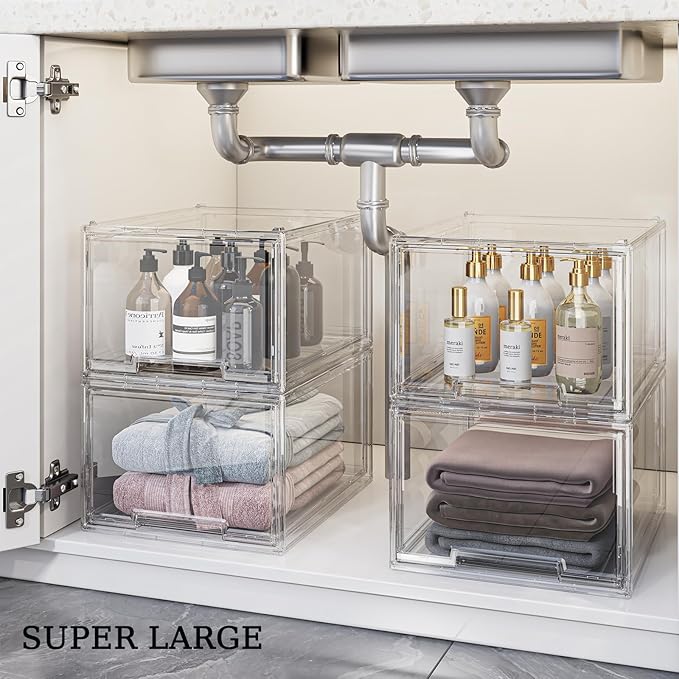 3 Pack Large Stackable Storage Drawers, Clear Plastic Drawer Organizer, Under Sink Cabinet Drawers, Pantry Organizers and Storage Drawer for Makeup, Bathroom, Kitchen, Office