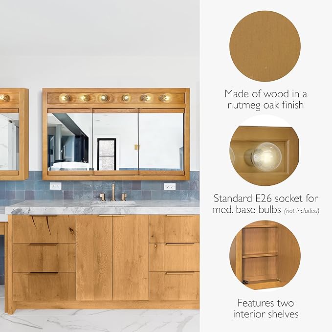 Design House Richland Medicine Cabinet with 6 Lights, Fully Assembled, Wall Mounted, 3 Mirrored Doors, Wood Frame, Oak Finish, 48 in x 5 in x 30 in, 530626-NOK
