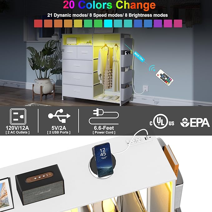 Dresser for Bedroom with Clothes Rack Side Pockets White 5 Drawers Dresser with Charging Station LED Lights Sturdy Steel Frame Wood Top Organizer Unit for Nursery Hallway Closet