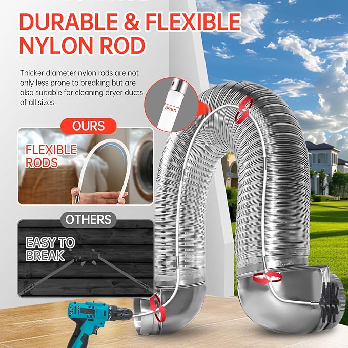 Dryer Vent Cleaner Kit, Bluesea 33-Piece Omnidirectional Dryer Cleaning Kit Include 50 Feet Dryer Vent Brush, Upgrade Noiseless Dryer Lint Vacuum Attachment, Lint Trap Brush, Vacuum & Dryer Adapters