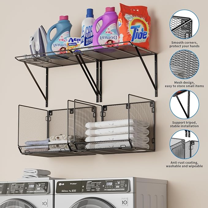 2 Pack Laundry Room Shelves Organization And Storage,Wall Mounted Clothes Drying Rack With Wire Mesh Basket Over Washer And Dryer,Large Capacity Floating Wall Shelf For Bathroom,Kitchen,Storeroom