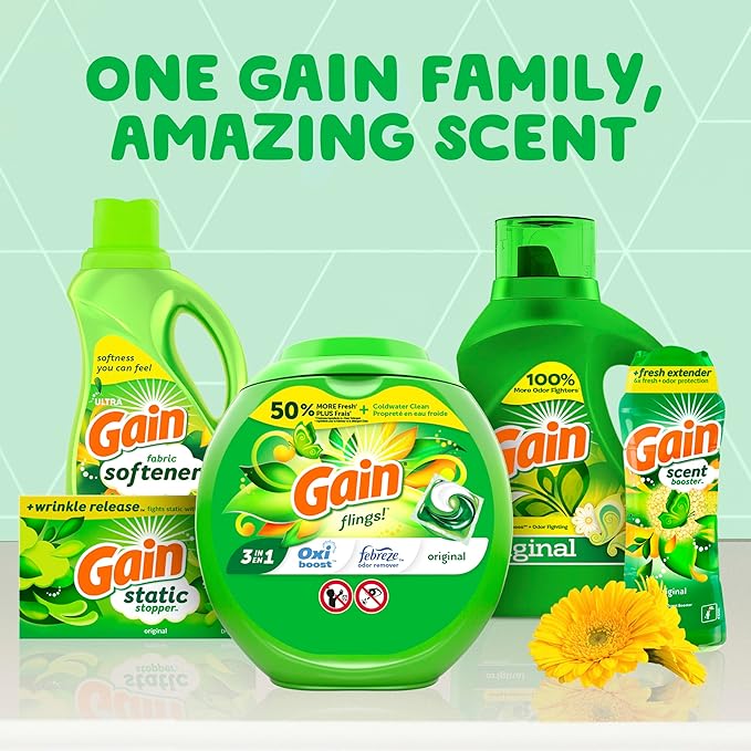 Gain Liquid Laundry Detergent, Original Scent, 65 fl oz x 2, 45 x 2 loads, Freshness + Odor Fighting, High efficiency washing machine iquid cleaning soap