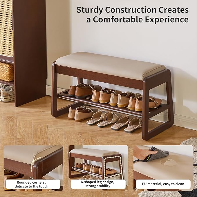 Solid Wood Shoe Bench with Cushion, 2 Tiers Wood Shoe Bench with Flip-Top Storage, 31.5in Shoe Rack for Entryway, Hallway, Walnut Color YD-WD061B