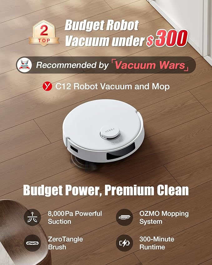 Yeedi C12 Robot Vacuum Cleaner and Mop, 8000Pa Strong Suction, ZeroTangle Brush, Smart Navigation, Self-Charging, White