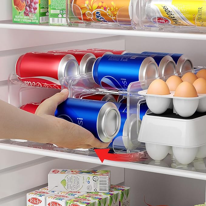 2 Pack Soda Can Organizer,Can Dispenser for Refrigerator Drink Storage Rack for Standard and Tall Can Pop Can Holders for Pantry Cabinet Clear