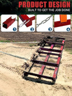 6ft Heavy Duty Drag Harrow for ATV, UTV, Tractor - Adjustable Tow Behind Leveling Rake with Weight Tray for Driveway Grader, Lawn, Field, Pasture, Food Plot Maintenance, Red(72 inch)