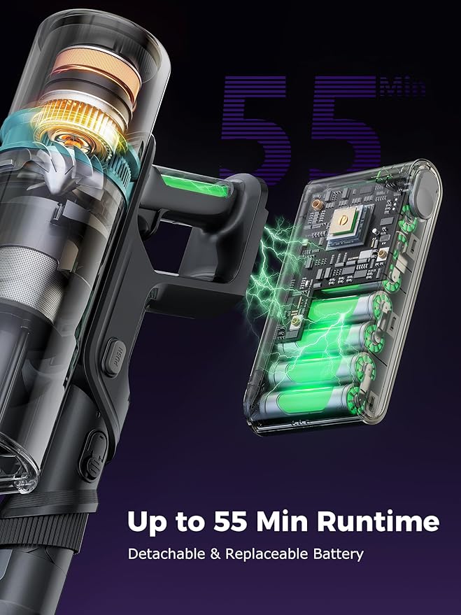 Proscenic Cordless Vacuum Cleaner, 550W 45KPA 55Mins Runtime, 180°Bendable Wand, Stick Vacuum with Green LED, Tangle-Free Brush, Rechargeable Lightweight Vacuum Cleaners for Home, Pet Hair, P16(Grey)