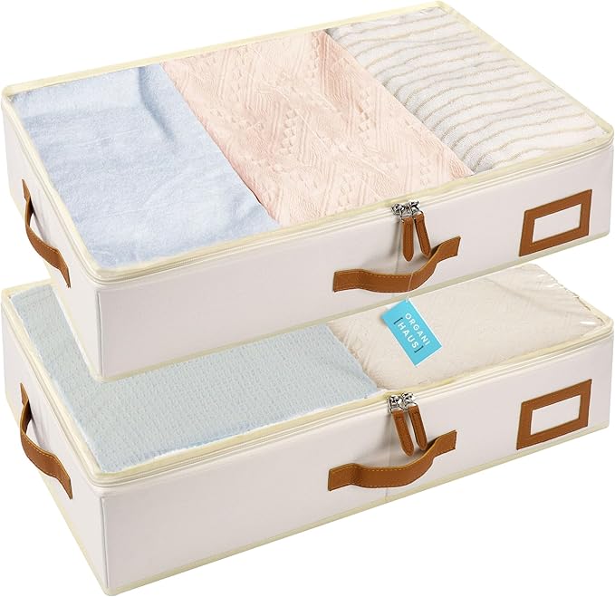 OrganiHaus Under Bed Storage Containers, Bedroom Storage and Organization Bins, Clothes Organizer for Closet with Clear Cover and Reinforced Handles - Set of 2 23.5x12.5x5 inches Off-White