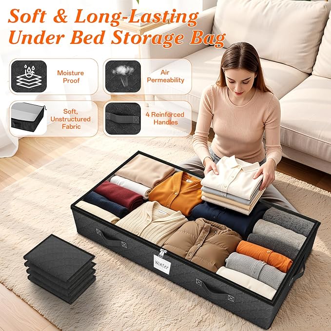 SpaceWhisper 90L Under Bed Storage Containers, 4-Pack Storage Bins with Clear Top, Foldable Closet Organizers and Storage with Label Holder for Clothing, Blankets, Comforter & Pillows(Black)