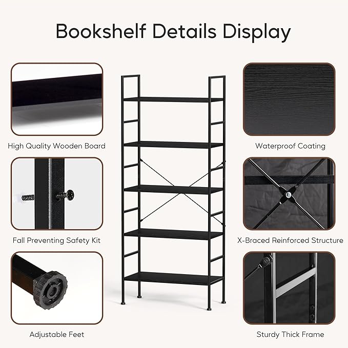 HealSmart 5 Tier Bookshelf, Free Standing Book Shelf Home Office Bookcase Shelf Storage Organizer for Bedroom, Living Room, Bathroom, Office, Balcony, Black