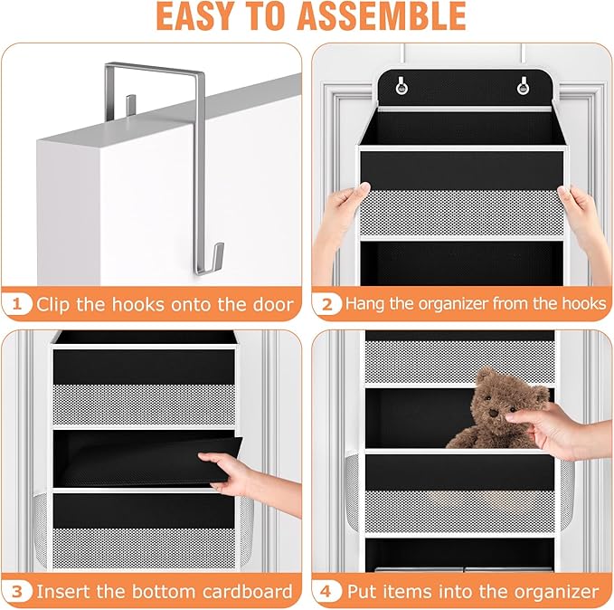 WISELIFE Over The Door Organizer Storage 4 Shelves Large Capacity Hanging Bedroom Storage Solution with 6 Side Pockets for Dorm Bathroom Pantry Nursery and Baby Essentials Holds up to 40 Lbs (Black)
