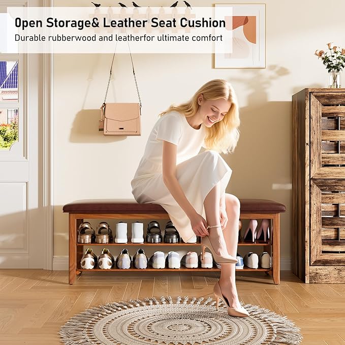 Shoe Bench with Leather Cushion,Burnt Wood Shoe Organizer Bench for Entryway, Rubberwood Entryway Bench for Hallways, Front Doors, Entrances, Mudrooms (Two Floors, 47.2)