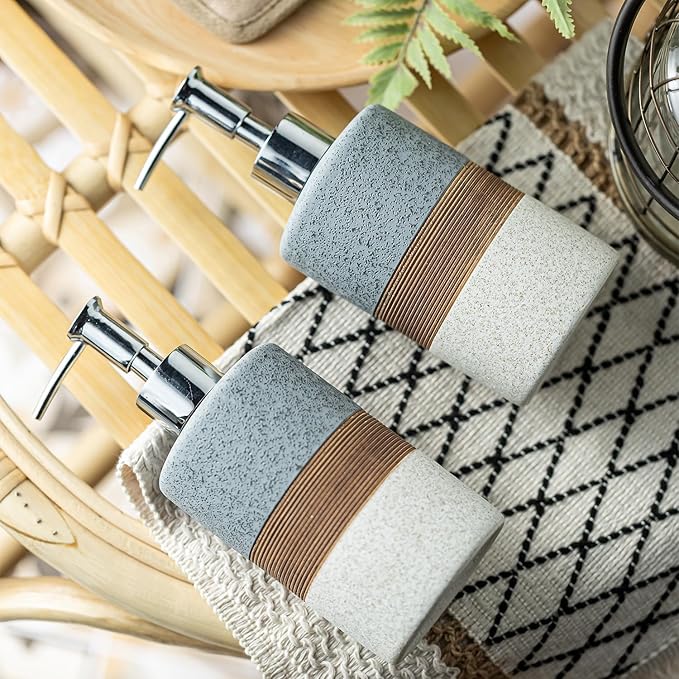 Ceramic Soap Dispenser Set(2 Pack) – Hand Soap, Dish Soap, Shampoo & Shower Soap Dispenser for Bathroom & Kitchen, Stainless Steel Pump, Includes Silicone Funnel & Diatomaceous Tray, Gray