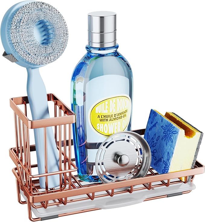 SWTYMIKI Sink Caddy Kitchen Sink Organizer with Detachable Brush Holder, Stainless Steel Sponge Holder with Removable Drip Tray Sponge Caddy for Kitchen Countertop, Rose Gold