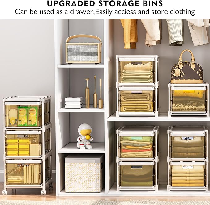 3 Drawer Storage Organzier - Plastic Drawer Stroage, Stackable Storage Drawers, Storage Bins with Wheels, Foldable Drawer Organizer, 20 Quart/Bin, Total 60 Qurat