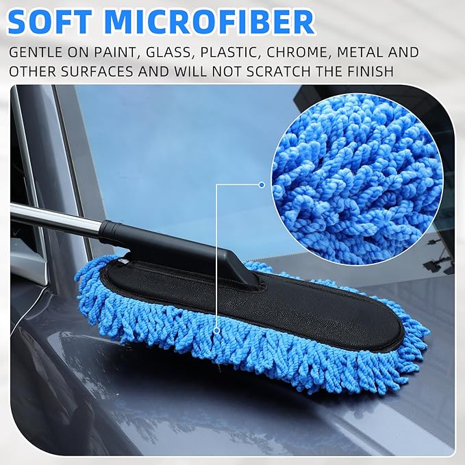 Tanlade 2 Pack Microfiber Car Duster Exterior Scratch Free with Extendable Handle Soft Car Duster Kit for Cleaning Dust Brush Set for Exterior Interior Cleaning Tools (Blue Gray)