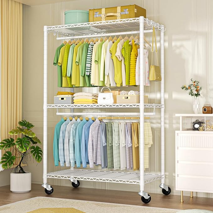P3 Plus Rolling Clothes Rack, Clothing Racks for Hanging Clothes, Heavy Duty Garment Rack with Wheels, Freestanding Portable Closet Rack 45" W x 14" D x 78.5" H, Max Load 480 LBS, White