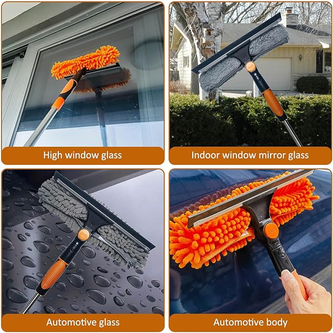 20 ft+ Reach Squeegee Window Cleaner Duster 2 in 1 Rotatable Window Cleaning Tool Kit with 3-14 ft Extension Pole, Window Washing Equipment for Indoor Outdoor Window Car Glass - 3 Pads