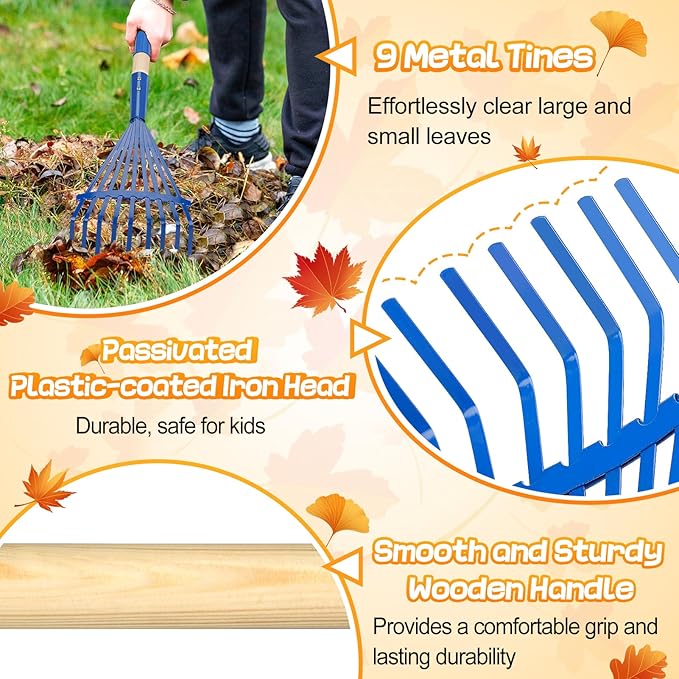 Kids Friendly Rakes for Leaves - 28" Child Size Small Rake with Durable Metal Head & Hardwood Handle, Real Lawn Garden Yard Tools for 3+ Years Kids Enjoy Helping Work Gifts, 2 Pcs