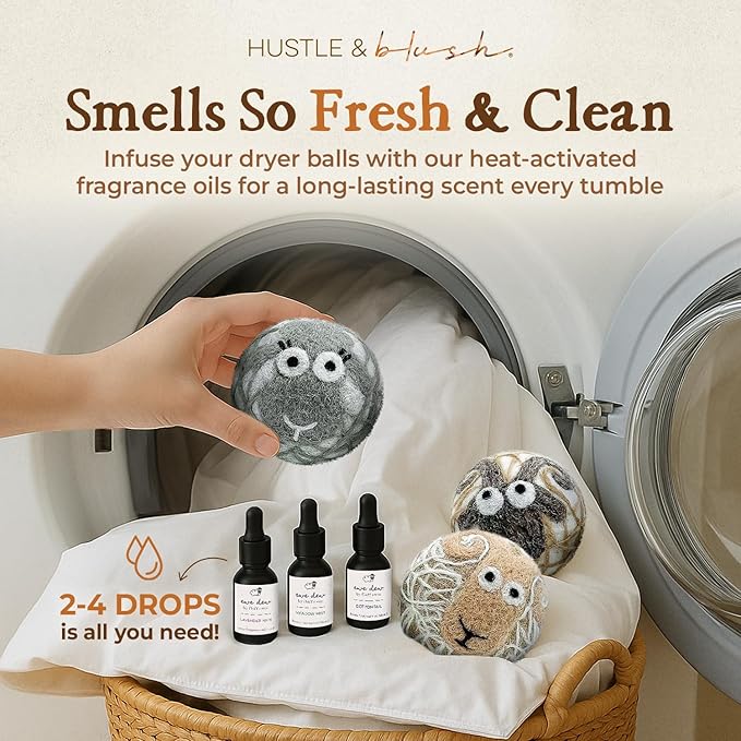 Hustle & Blush Fluff Ewes Wool Dryer Balls 6 Pack - XL Classic Premium New Zealand Laundry Set, Reduces Drying Time, Static Control, Chemical Free, Ideal Holiday Gifts for Women & Men