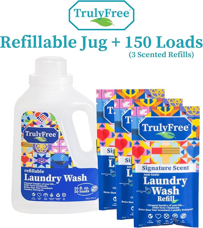 Natural Laundry Detergent for Sensitive Skin | Eco Friendly, Plant Based, Baby Clothes Safe | Clean & Easy Powder to Liquid, 3 Pack Detergent + 1 Refillable Jug | Signature Scent 150 Loads