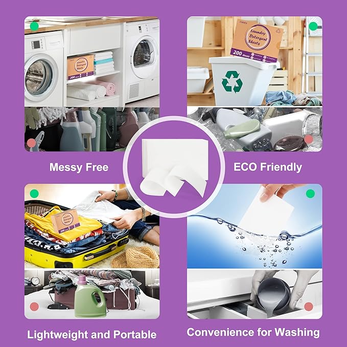 Laundry Detergent Sheets, 200 Sheets Lavender Laundry Soap Strips - No Plastic Jug Travel Portable Liquidless Washing Supplies Eco-Friendly Hypoallergenic - 200 Loads