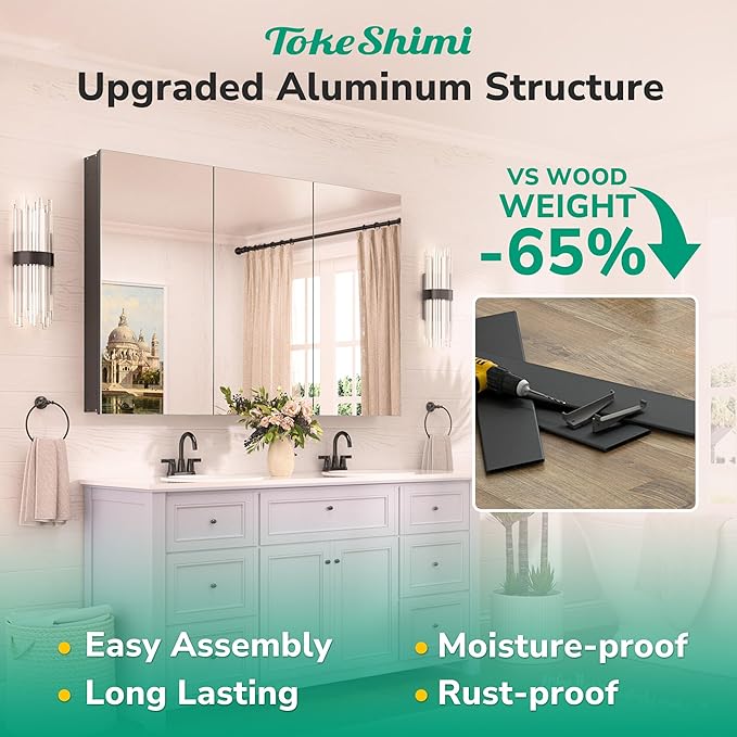 TokeShimi 30 x 26 Surface Mount Medicine Cabinet Mirror for Bathroom Black, Aluminum Recessed Medicine Cabinet Mirror with Storage with Stepless Adjustable Shelves Modern Farmhouse