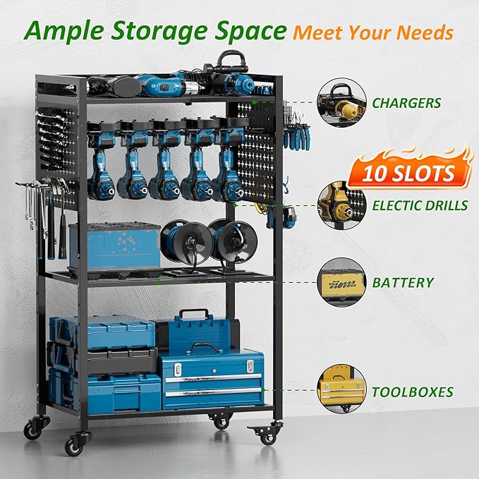 Utility Cart & Tool Organizer with 3-Tier Shelves, Pegboards & Electric Drill Holder | Heavy-Duty Rolling Cart for Garage & Workshop | Mobile Tool Storage & Gift for Men