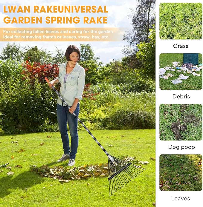 46 HRC Steel Gardening Leaf Rake, 22 Tines 22.8" Wide,Adjustable Split Long Handle 33-67",Suitable for Raking Leaves and Lawn Tidying,Garden rake and thatch rake Suitable for Adults