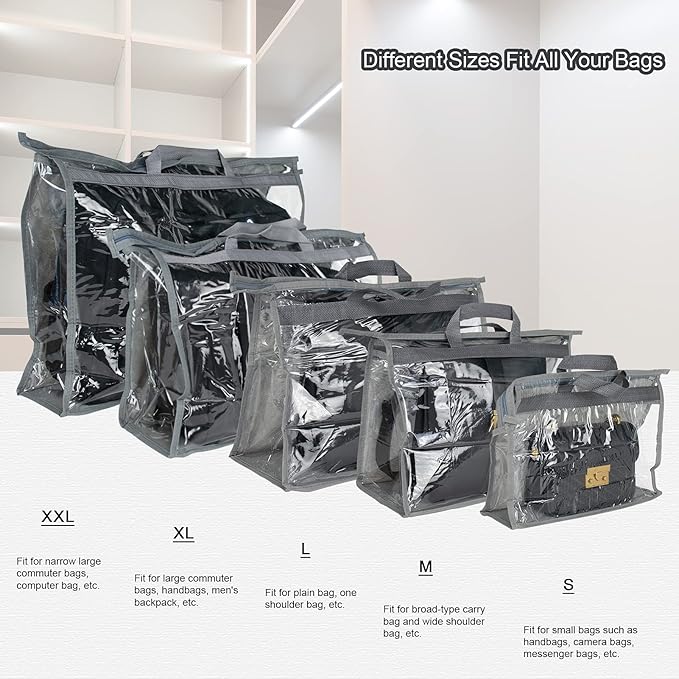 LASZOLA 10Pcs Clear Handbag Storage Organizer Dust Cover Bags, 5 Sizes Transparent Purse Protector Storage Bag with Zipper and Handle for closet shelf, Dustproof and Moistureproof, Grey