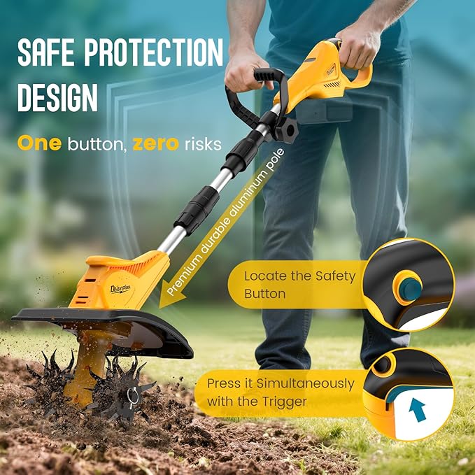 Cordless Tiller Cultivator Compatible with DEWALT 20V MAX Battery(Tool Only), Folding Electric Rototiller for Garden with 40 Steel Tines 310RPM, 9.1In Tilling Width and 6.3In Depth