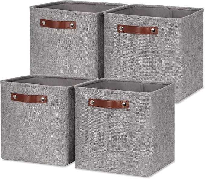 HNZIGE Collapsible Storage Basket,(4Pack) Cube Storage Baskets for Organizing Shelves,Fabric Baskets for Storage,11x11 Storage Basket for Dog Toys,Closet,Book,Clothes Storage with Handles(Grey)