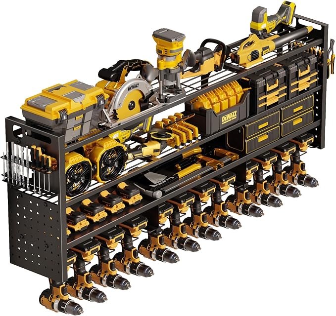 49'' W Power Tool Organizer Wall Mount | Large 620lbs Garage Storage Rack with 12 Cordless Drill Holder | 4-Tier Heavy Duty Metal Utility Shelf for Workshop Organization