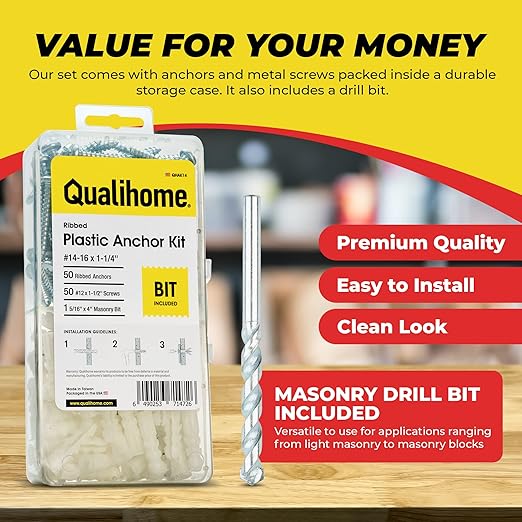 Qualihome Ribbed Plastic Drywall Anchor Kit - Wall Anchors and Screws for Drywall Includes Anchors, & Screws, 1 Masonry Drill Bit - Mounting Tolls for Decor, Furniture, Shelving (14-16 x 1-1/4")